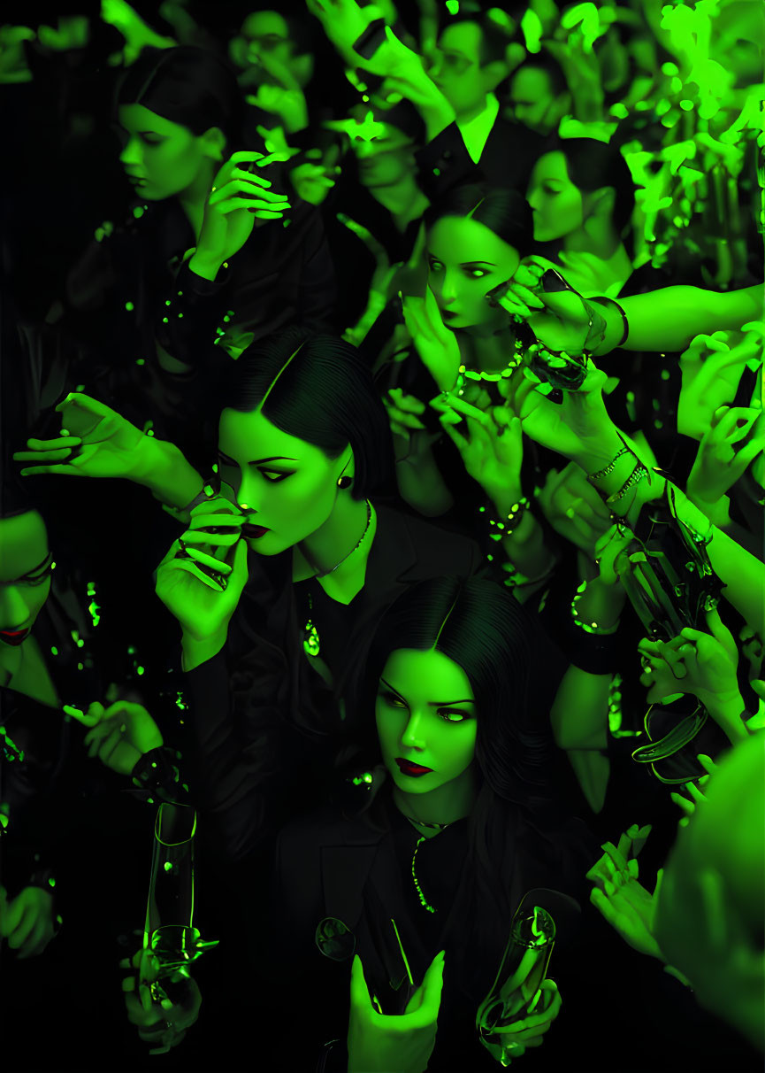 Crowd of People with Green Lighting Featuring Stylishly Dressed Women Holding Drinks