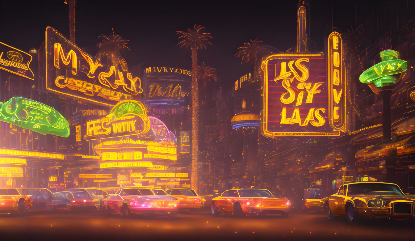 Neon-lit retro-futuristic cityscape with palm trees