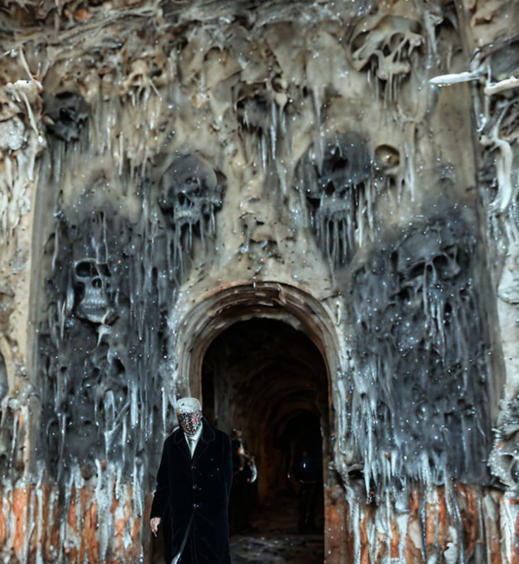 Person in Dark Clothing Walking Through Tunnel with Skull-like Formations