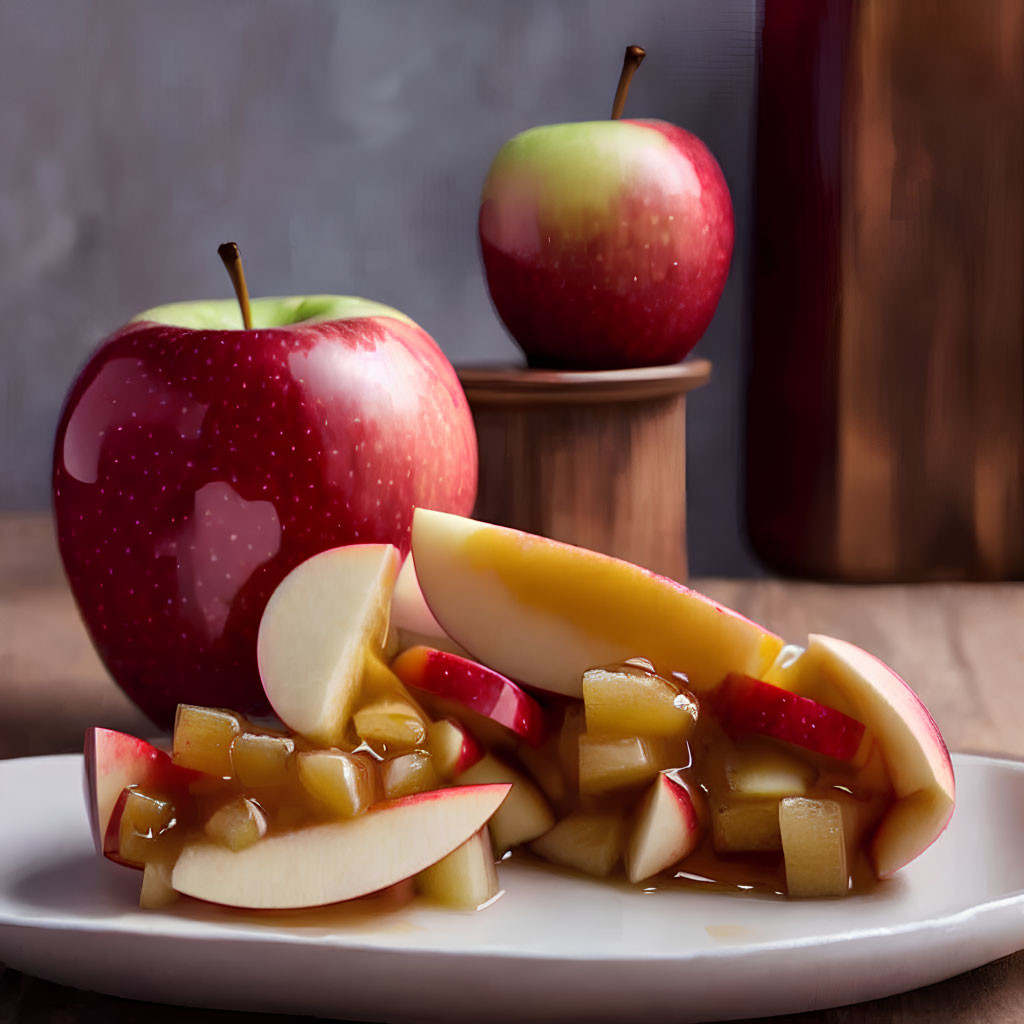 Fresh Red Apples and Caramel Slices on White Plate