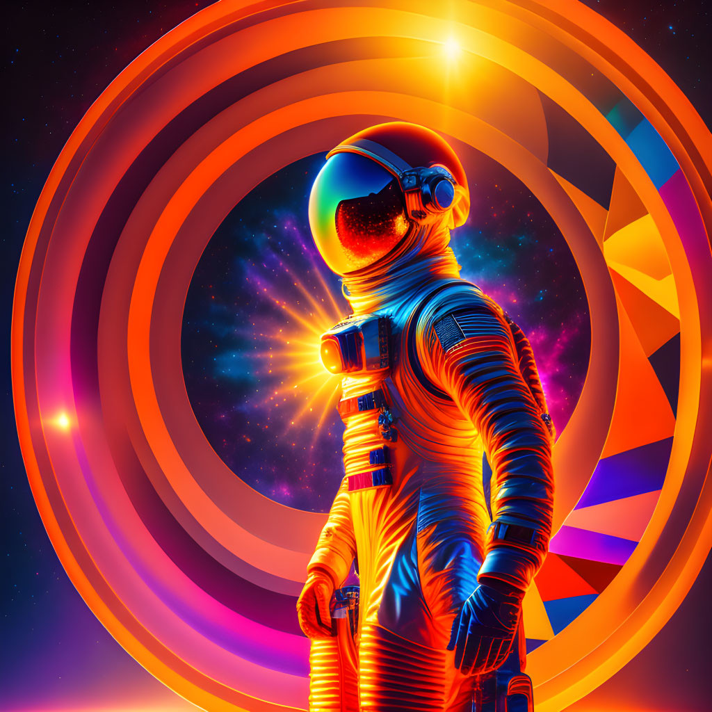 Astronaut in front of vibrant, cosmic background with neon colors