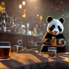 Whimsical panda bartender in cozy bar scene with beer and snacks