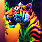 Colorful Tiger Artwork in Neon Tones on Dark Jungle Background