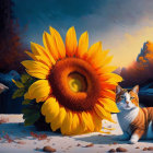 Vibrant sunflower and calico cat in snowy landscape