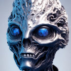Metallic alien head with textured skin and large blue eyes on gradient background
