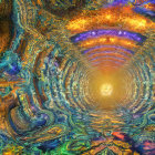 Colorful fractal image with swirling patterns and shining lights in tunnel illusion