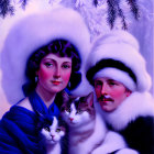 Vintage Style Illustration of Couple in White Fur Hats with Two Cats and Pine Branch Background