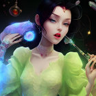 Digital Artwork: Elegant Woman with Dark Hair, Roses, Yellow Dress, Tiara & Jewelry