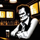 Man with stern expression at bar with beer, yellow and black tones, portraits on wall.
