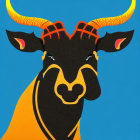 Colorful Bull Illustration with Orange Horns on Blue Background