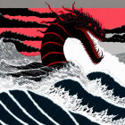 Dark dragon illustration soaring above ocean waves in pink skies