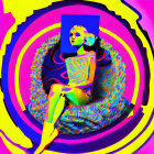 Digital art: Stylized woman with square face, neon concentric circles