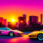 Two vibrant sports cars parked by a beachfront at sunset