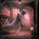 Skeleton-like figure in cloak in eerie alleyway with lanterns