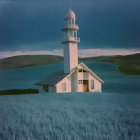 Lighthouse at Twilight with Birds and Rocky Islets