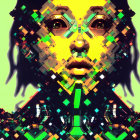 Double-exposure digital art portrait blending contemplative face with neon cityscape.