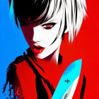 Illustration of woman with red eyes, lips, white hair, blue knife, red & blue background