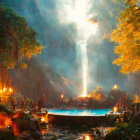 Mystical Waterfall Surrounded by Greenery and Firelight