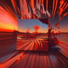 Abstract Surreal Landscape: Shattered Sunset Scene and Vibrant Red-Orange Burst