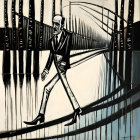 Monochromatic artwork: Man in suit on stylized pathway