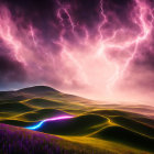 Vibrant landscape: lightning streaks in purple sky over green hills