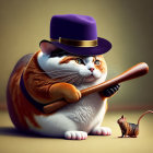 Plump orange and white cat with purple hat and baseball bat, small brown mouse, yellow background