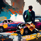 Colorful street art depicts two men in intense confrontation against urban backdrop.