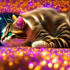 Curious Cat in Fantastical Tunnel with Glowing Lights