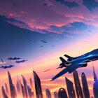 Futuristic fighter jets over vibrant cityscape at dusk