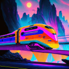 Futuristic train in cyberpunk cityscape with neon lights