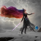 Fantasy warrior woman with glowing sword in stormy skies and mystical elements.