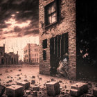 Woman in Black Dress Standing in Ruins Under Stormy Sky