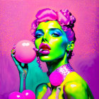 Colorful digital artwork: Woman with pink hair and neon green skin holding pink orb