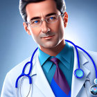 Professional Woman in Lab Coat with Stethoscope and Futuristic Medical Device on Blue Background