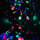 Colorful geometric humanoid face and torso digital artwork on dark background