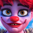 Vibrant 3D-animated clown with red hair and blue eyes