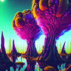 Majestic alien landscape with purple spires and volcanic eruptions