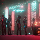 Stylish People by Sleek Car in Futuristic Nightclub with Neon Lights