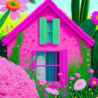 Colorful Illustration of Pink House with Teal Shutters & Flowers