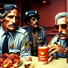 Stylized police officers with mustaches at a bar with donuts and a drink