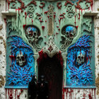 Blue-winged skull motif ornate door with red dripping details for a haunting and gothic aesthetic