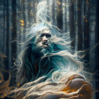 Ethereal being with white hair and golden ornaments in mystical forest