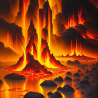 Volcanic landscape with skulls, lava flows, and glowing fissures among towering rock formations