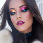 Vibrant purple makeup and faux fur coat against city backdrop