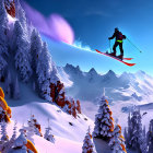 Skier mid-jump in stunning alpine scenery