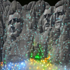 Digitally altered Mount Rushmore with colorful laser beams and police cars under twilight sky