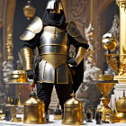 Medieval knight in black and gold armor surrounded by lavish tableware