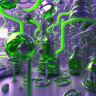 Futuristic laboratory with glowing green liquids in transparent tubes