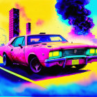 Stylized pink classic car with neon blue and yellow hues in urban backdrop