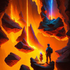 Travelers admire fantastical cave with lava, floating rocks, and blue crystal.